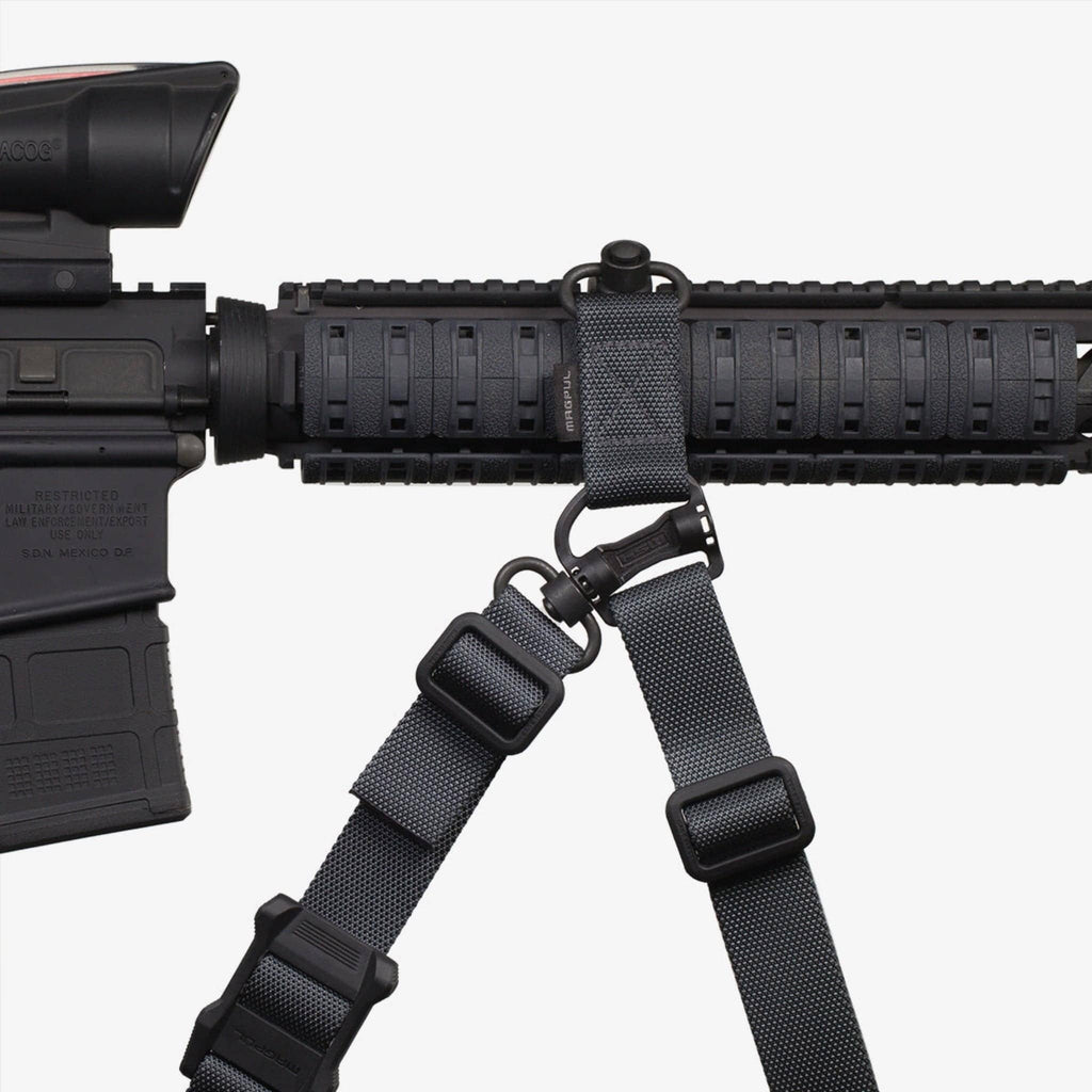 Magpul RSA QD Rail Sling Attachment, fitted to a quad rail with a sling, side view