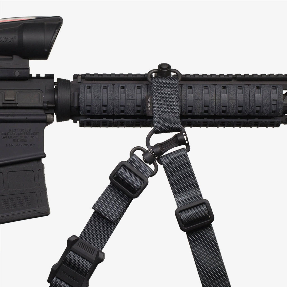 Magpul RSA QD Rail Sling Attachment, fitted to a quad rail with a sling, side view