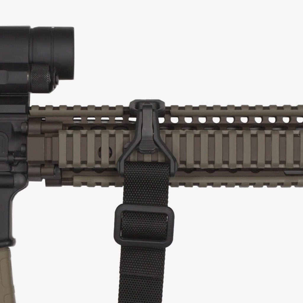 Magpul RSA Rail Sling Attachment, fitted to a quad rail with a sling, side view