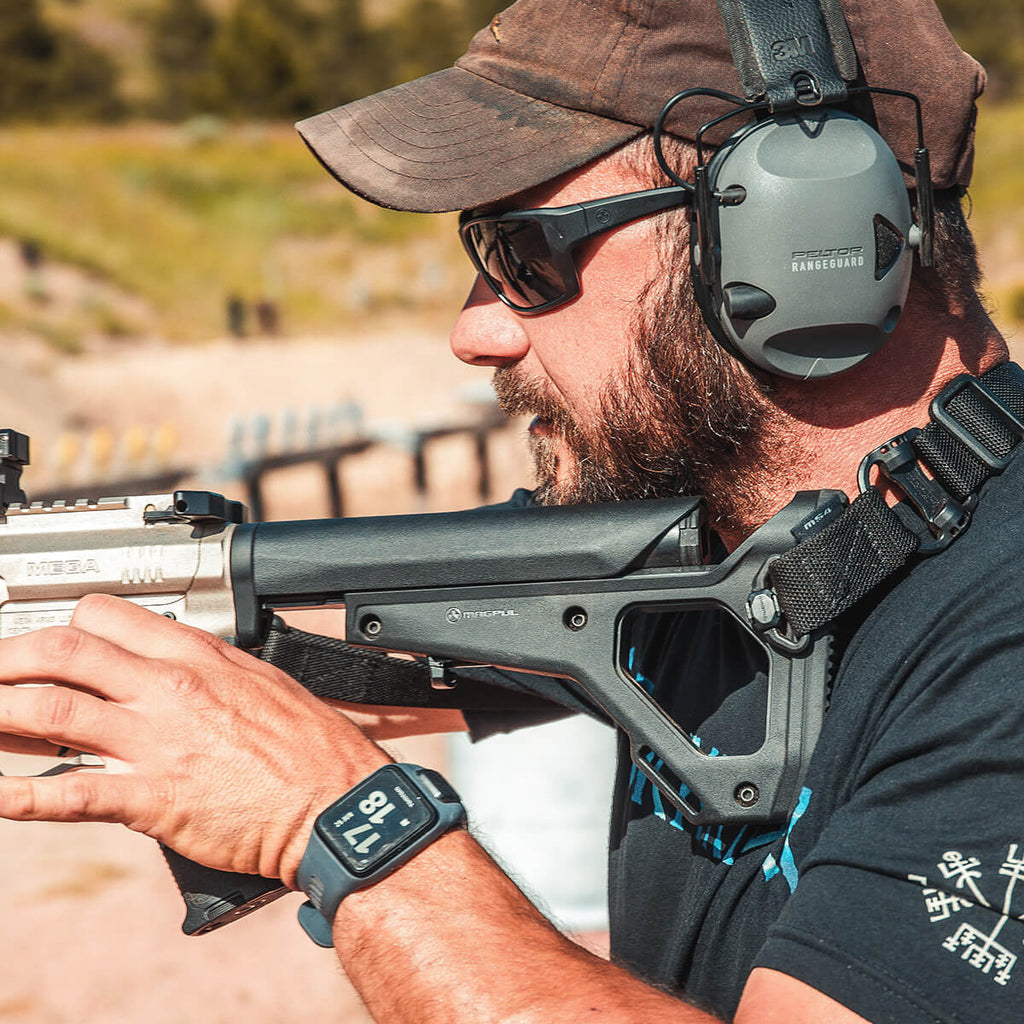 Magpul UBR GEN2 Collapsible Stock in use by a shooter at the range