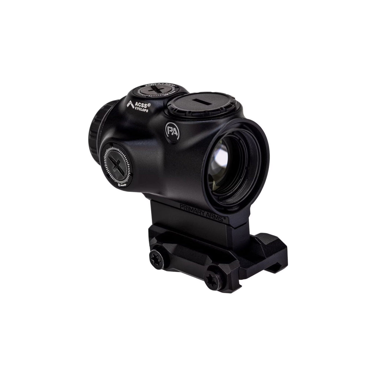 Primary Arms GLx 1X MicroPrism scope with the green illuminated ACSS Cyclops reticle at 1x