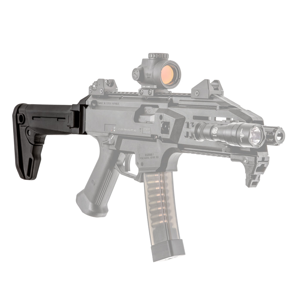 Reptilia LINK stock adapter for CZ Scorpion EVO, fitted to a CZ Scorpion EVO with a folding stock