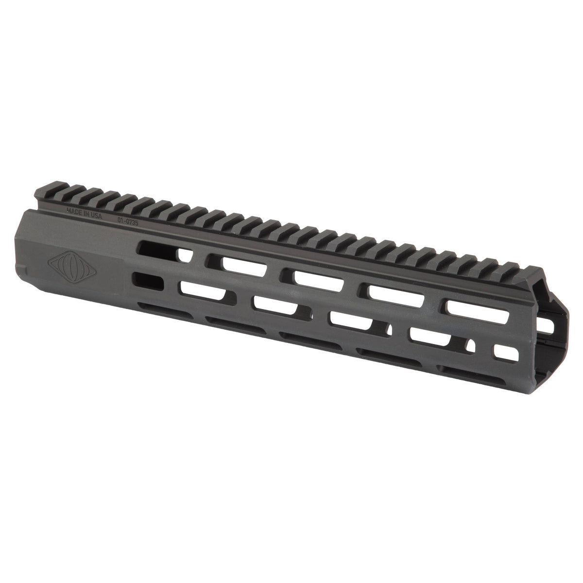 Reptilia 10.5 inch M-LOK handguard in Black Anodized at an angle showing the top rail and M-LOK slots
