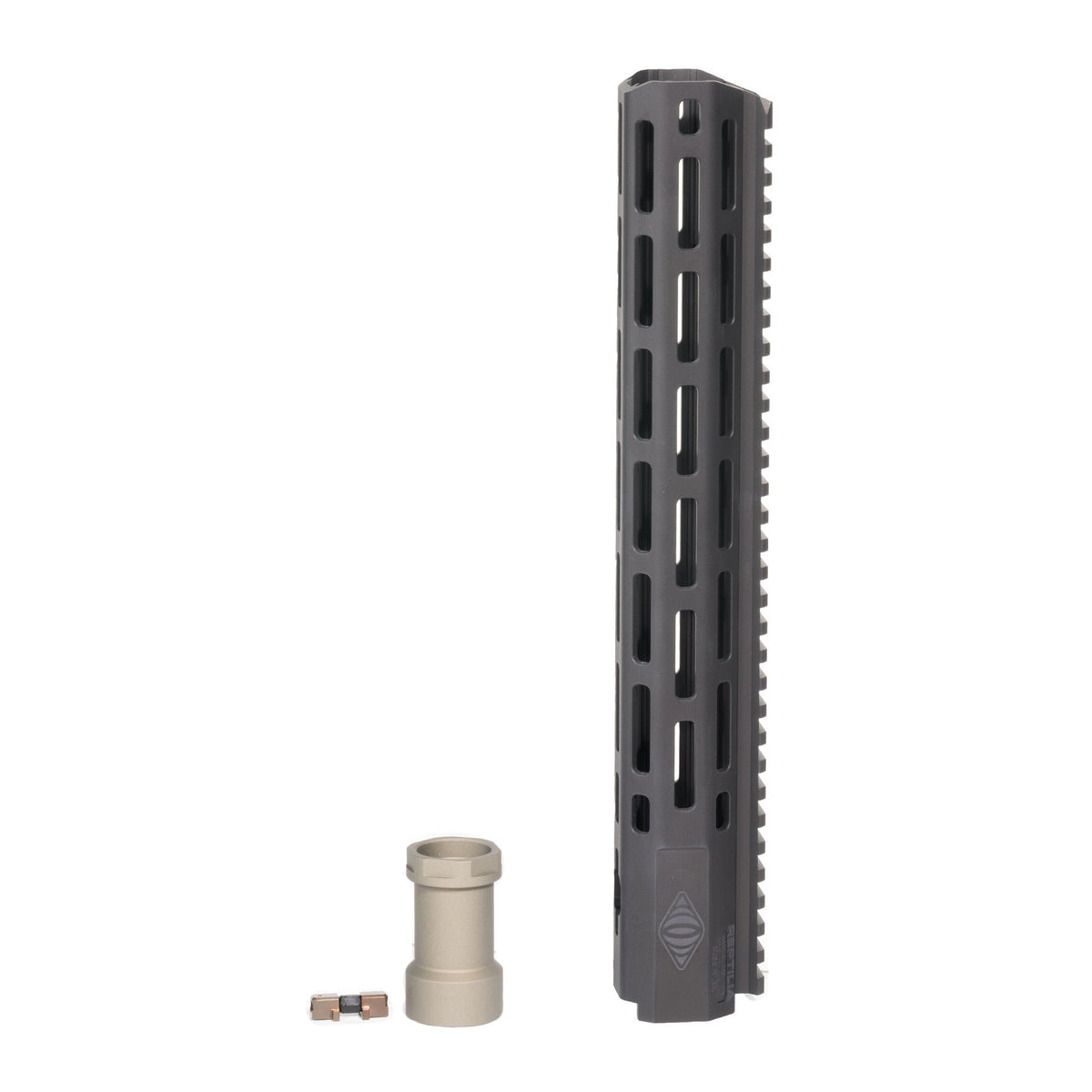 Reptilia M-LOK handguard for AR-15/M4, 15 inch in Black Anodized, stood upright with barrel nut, 100-339