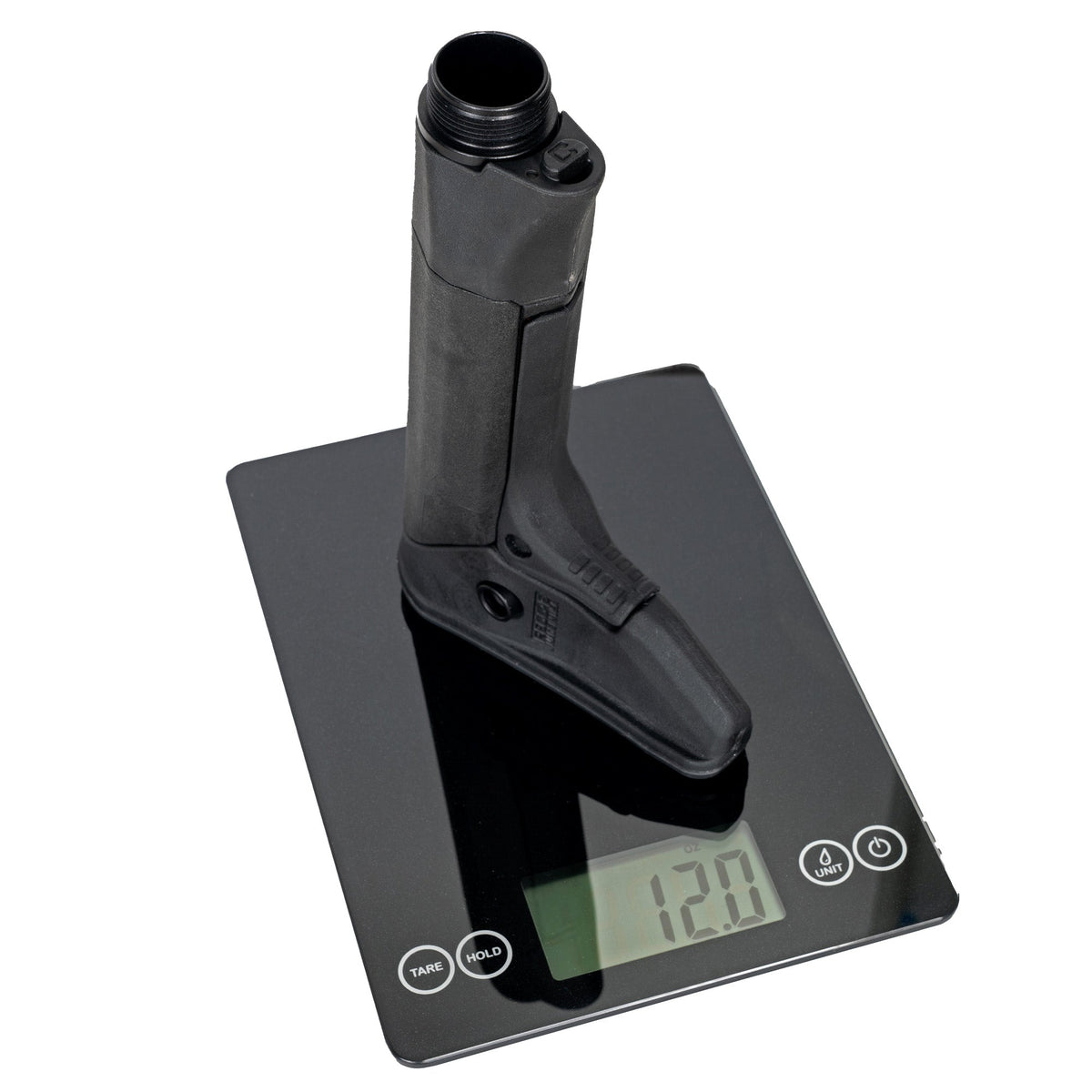 Reptilia RECC·E carbine stock, on digital scales showing its weight