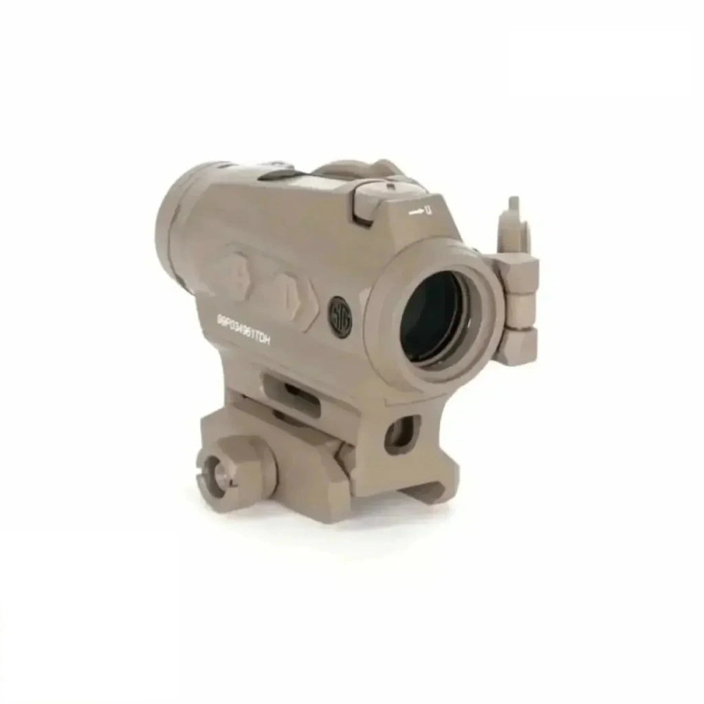 SIG Sauer ROMEO4T FDE red dot sight showing the capped windage and elevation turrets
