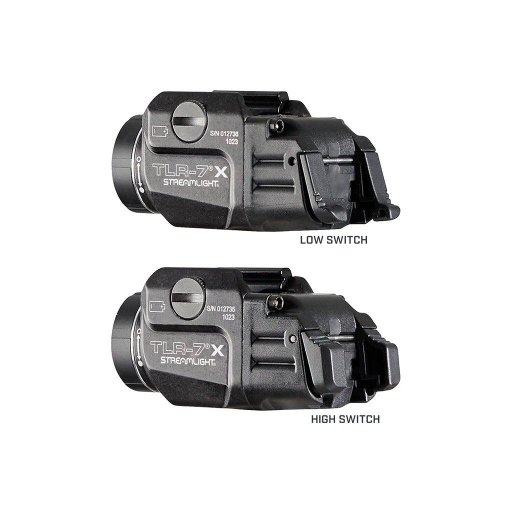 Streamlight TLR-7 X showing the interchangeable high and low rear paddle switches