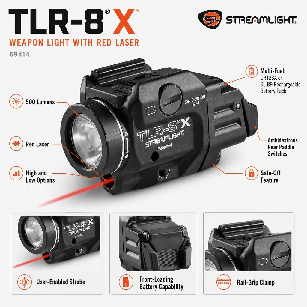 Streamlight TLR-8 X shown with the CR123A cell and SL-B9 USB-C rechargeable pack it will run