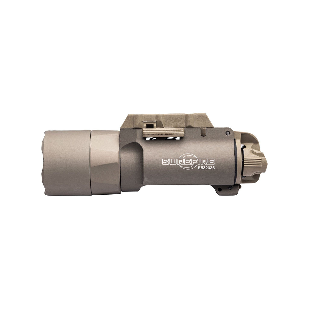 SureFire X300T-B Turbo in tan with its ambidextrous switching and T-slot thumbscrew rail clamp