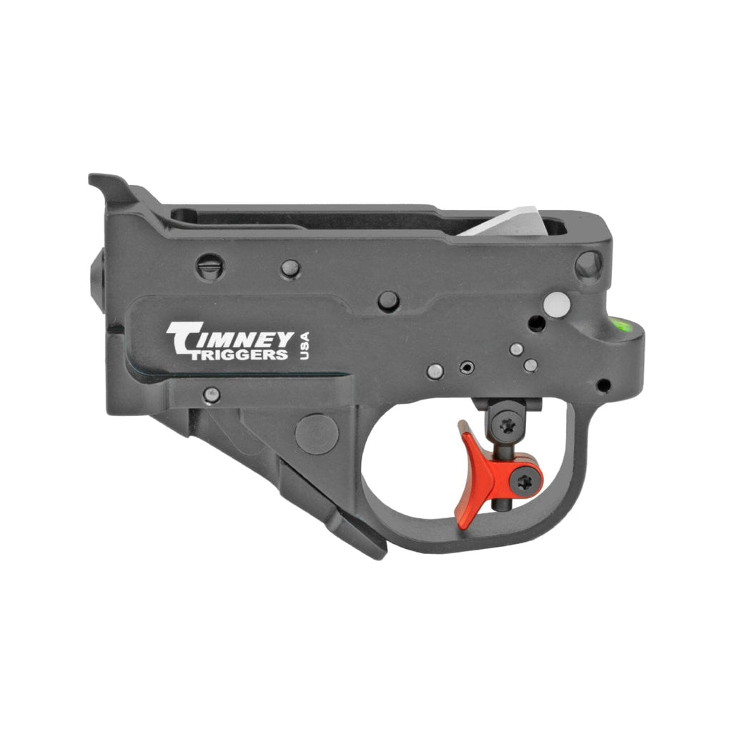 Timney Calvin Elite Two-Stage Trigger - Ruger 10/22, installed in the trigger housing with the red safety, side view