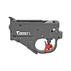 Timney Calvin Elite Two-Stage Trigger - Ruger 10/22, installed in the trigger housing with the red safety, side view