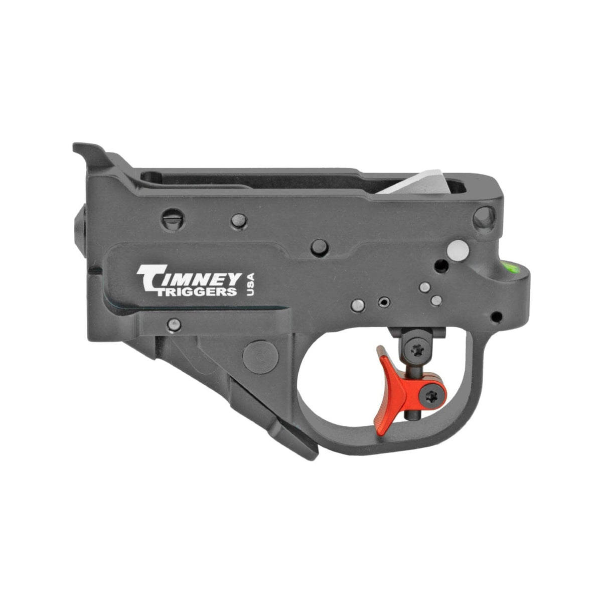 Timney Calvin Elite Two-Stage Trigger - Ruger 10/22, installed in the trigger housing with the red safety, side view