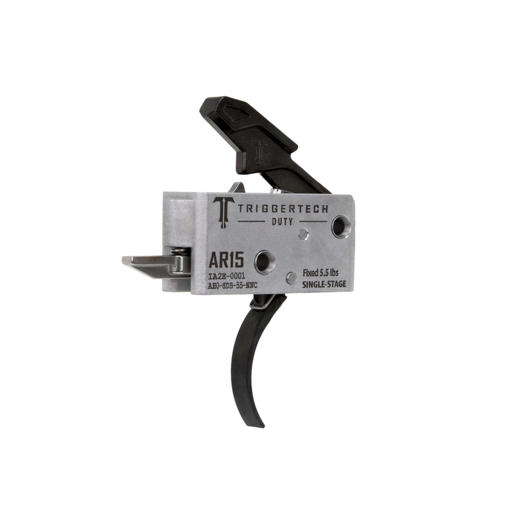 TriggerTech Duty Mil-Spec Single-Stage Trigger - AR-15 - Curved - Black, side profile showing the housing markings