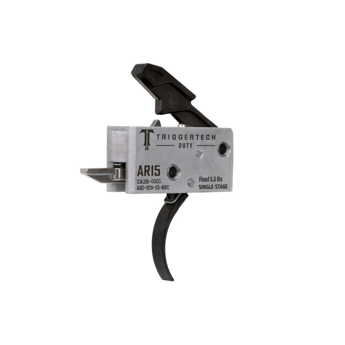 TriggerTech Duty Mil-Spec Single-Stage Trigger - AR-15 - Curved - Black, side profile showing the housing markings