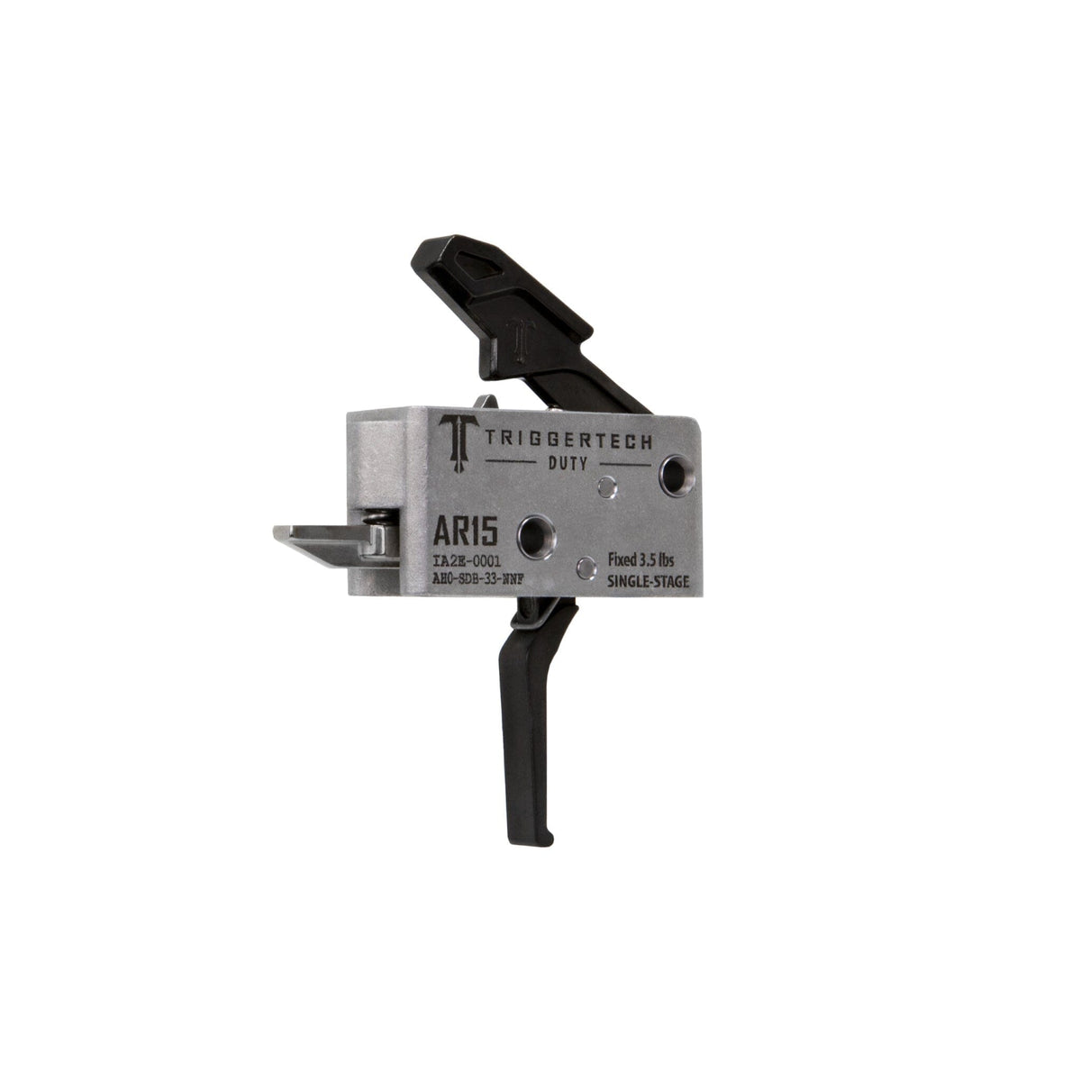 TriggerTech Duty Single-Stage Trigger - AR-15 - Flat - Black, side profile showing the housing markings