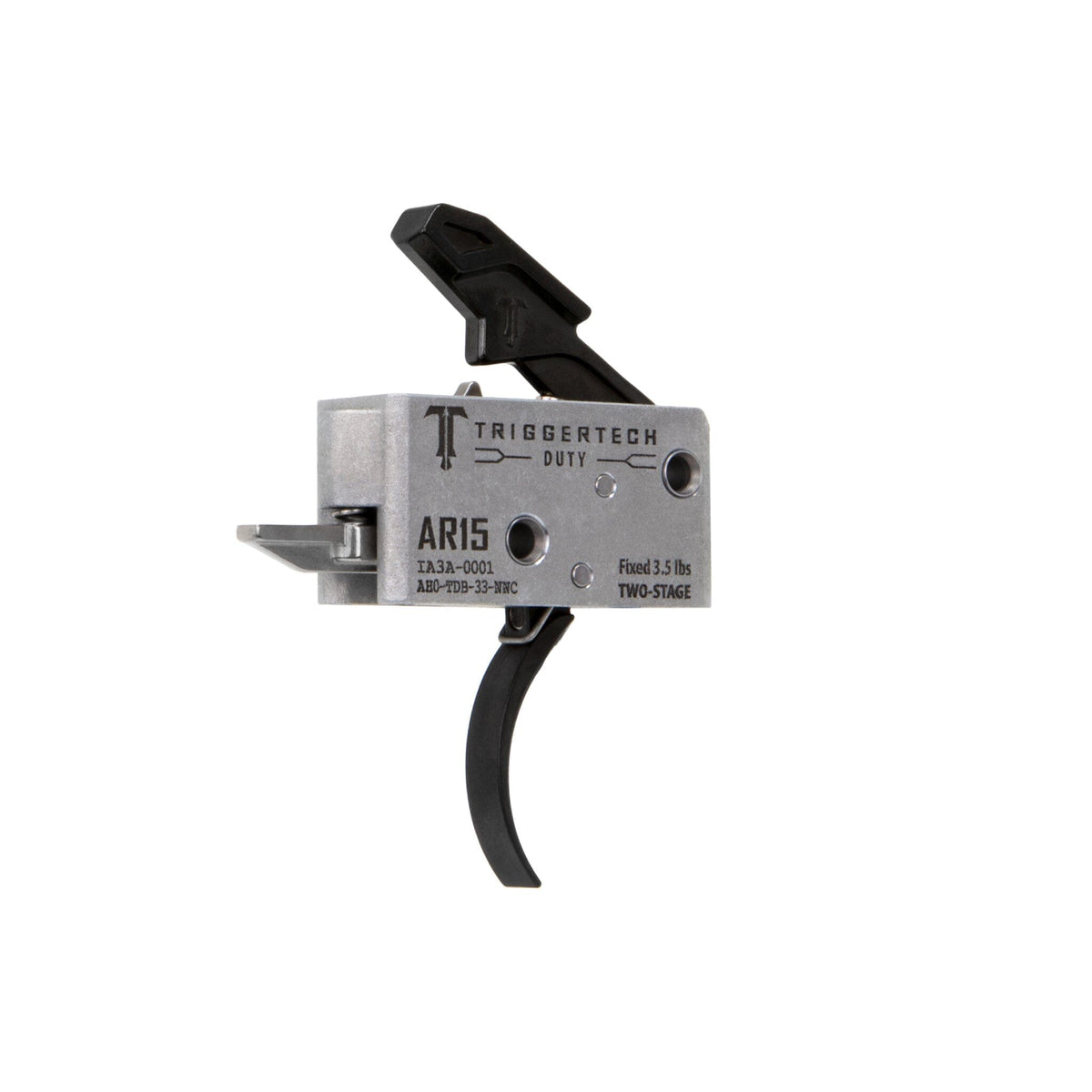 TriggerTech Duty Two-Stage Trigger - AR-15 - Curved - Black, side profile showing the housing markings