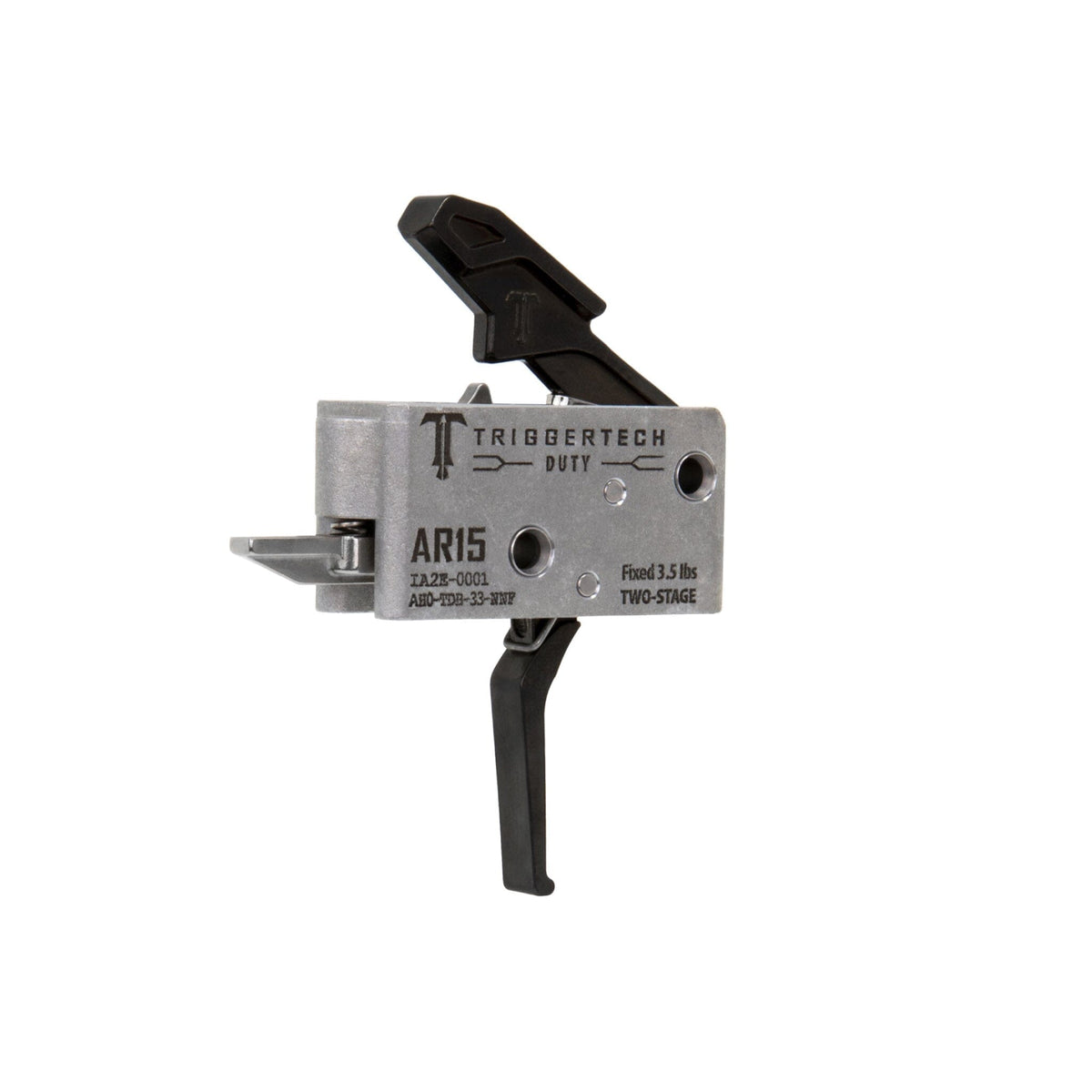 TriggerTech Duty Two-Stage Trigger - AR-15 - Flat - Black, side profile showing the housing markings